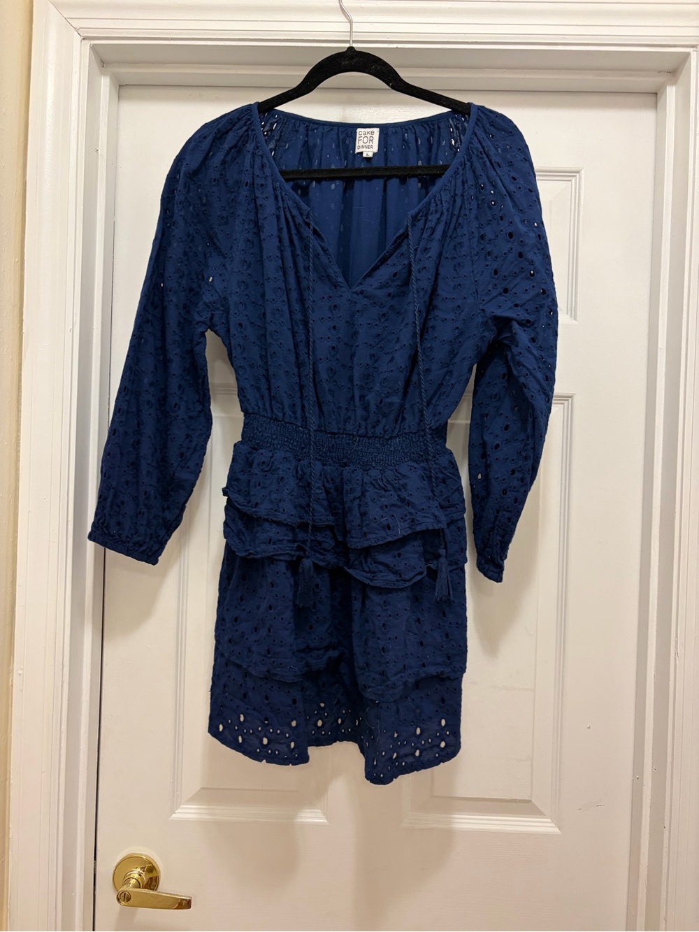 Smocked Waist Eyelet Long Sleeve Dress - Navy